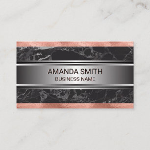 Rose Gold Foil Trim Black Marble Silver Metallic Business Card