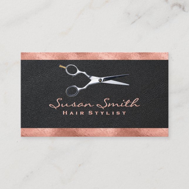 Rose Gold Foil Trim | Leather | Scissors Business Card (Front)