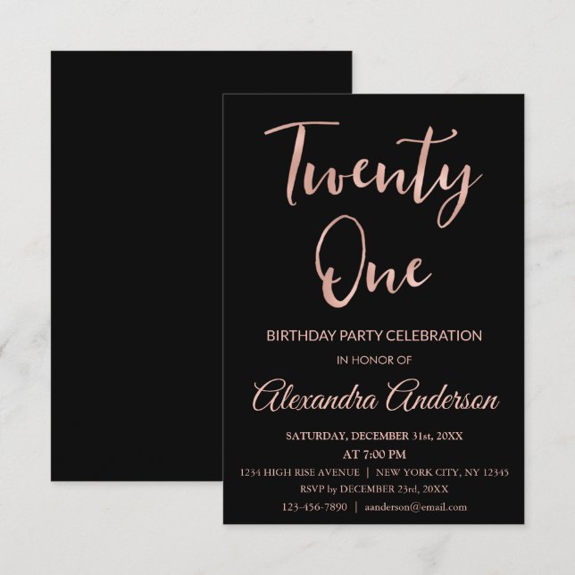 Rose Gold Foil Twenty One 21st Birthday Invitation (Front/Back)