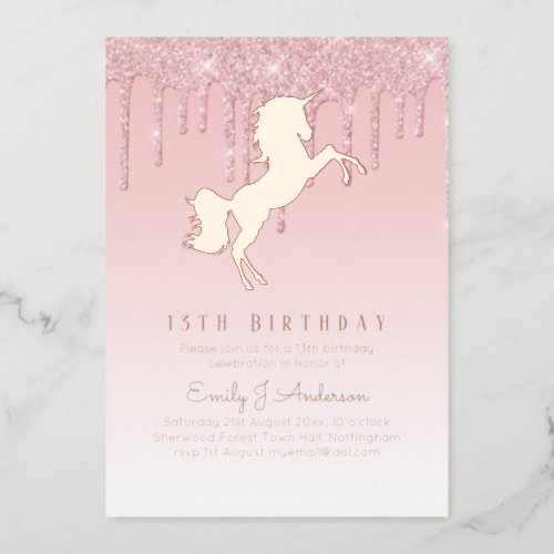 Rose Gold Foil Unicorn Girly Birthday ANY Pink F Foil Invitation