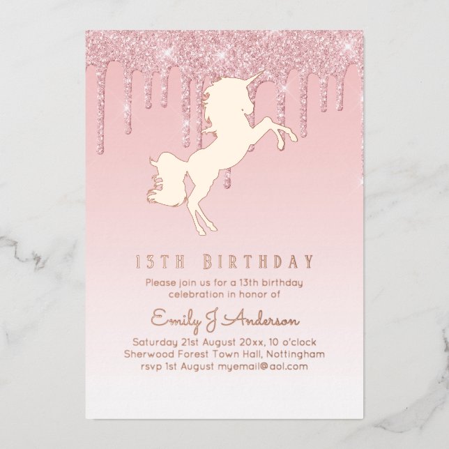 Rose Gold Foil Unicorn Girly Birthday (ANY) Pink F Foil Invitation (Front)