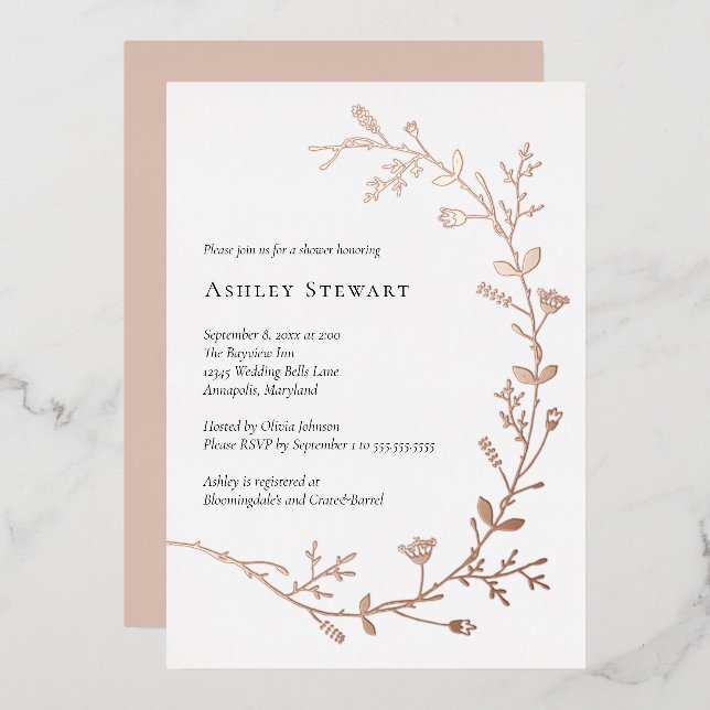 Rose Gold Foil Vine Scroll Bridal Shower  Invitation (Front/Back)