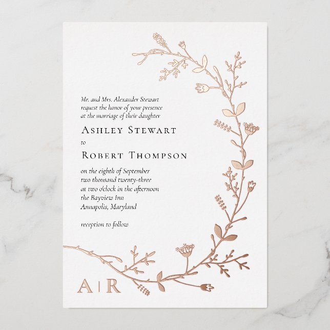 Rose Gold Foil Vine Scroll Wedding Invitation,  Foil Invitation (Front)