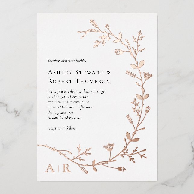 Rose Gold Foil Vine Scroll Wedding Invitation, Foil Invitation (Front)