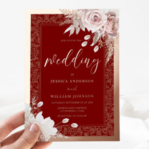 Rose Gold Foil Vintage Red & Blush Floral Wedding Foil Invitation