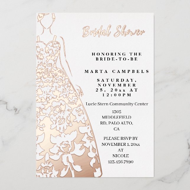 Rose Gold Foil Wedding Dress Bridal Shower Invitation (Front)