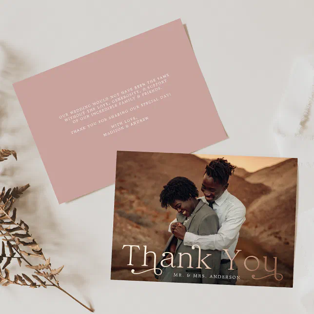Rose Gold Foil Wedding Photo Thank You Card | Zazzle
