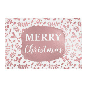 Rose Gold Foil & White Holly Winter Christmas Placemat