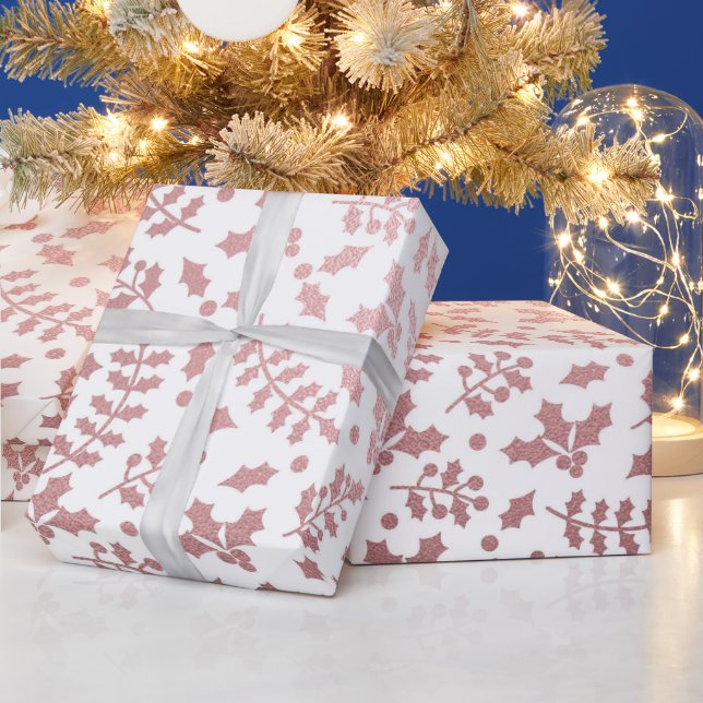 Rose Gold Foil & White Holly Winter Christmas Wrapping Paper (Holidays)