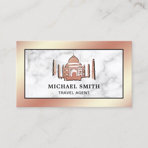 Rose Gold Foil White Marble Taj Mahal Travel Agent Business Card