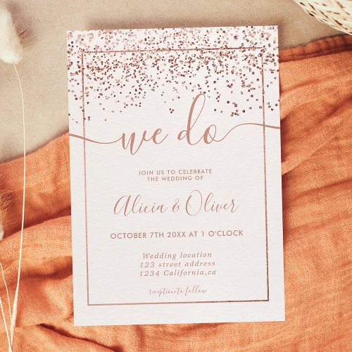 Rose gold foil white photo initials wedding invitation