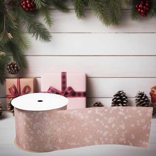 Rose Gold Foil White Snowflakes Christmas Holiday Satin Ribbon