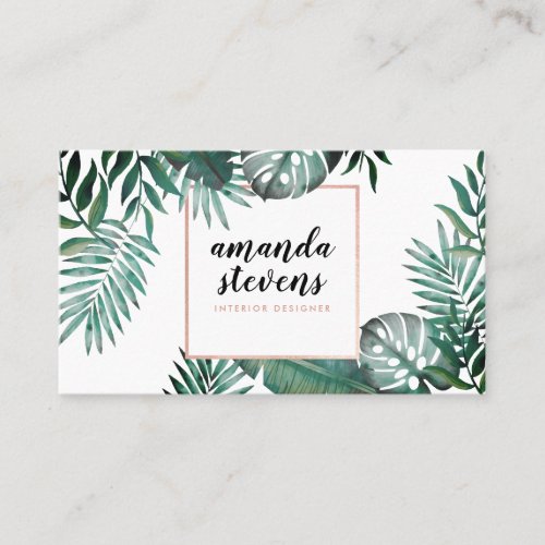 Rose gold foil white tropical green watercolor business card