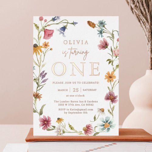 Rose Gold Foil Wildflower Theme Girl 1st Birthday Foil Invitation