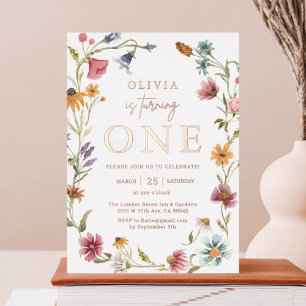 Rose Gold Foil Wildflower Theme Girl 1st Birthday Invitation