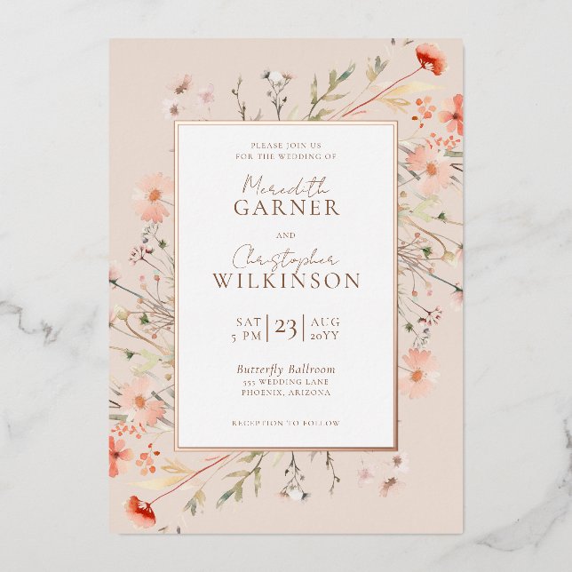Rose Gold Foil Wildflower Wedding Invitation (Front)