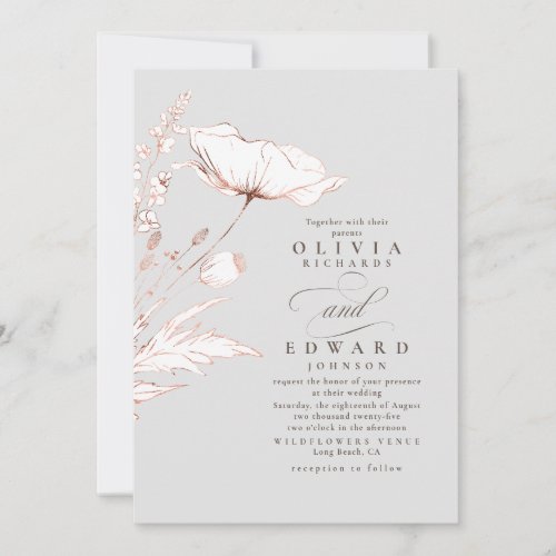 Rose Gold Foil Wildflowers Light Grey Wedding Invitation