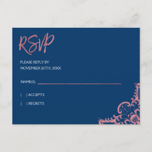Rose Gold Foiland Navy Blue RSVP Wedding Invitation Postcard