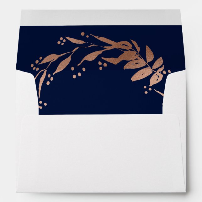 Rose Gold Foliage Navy Blue Wedding Invitation Envelope (Back (Bottom))