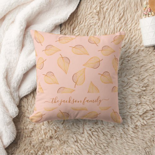 Rose gold foliage pattern family name throw pillow