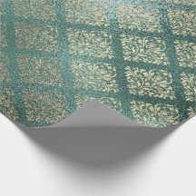 Rose Gold Foxier Damask Teal Shiny Glass Metallic
