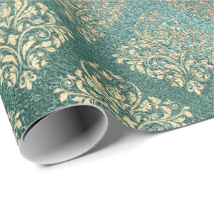 Rose Gold Foxier Damask Teal Shiny Glass Metallic Wrapping Paper