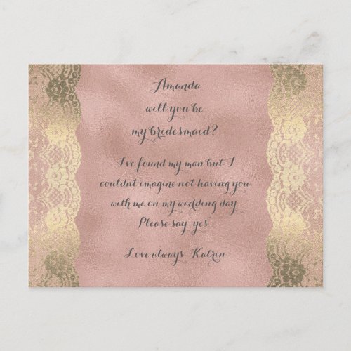 Rose Gold Foxier Lace  Will You Be My Bridesmaid Invitation Postcard