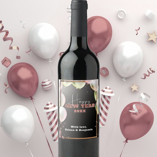Rose Gold Frame Balloons and Confetti New Year  Wine Label