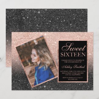 Rose gold frame black glitter ombre photo Sweet 16 Invitation