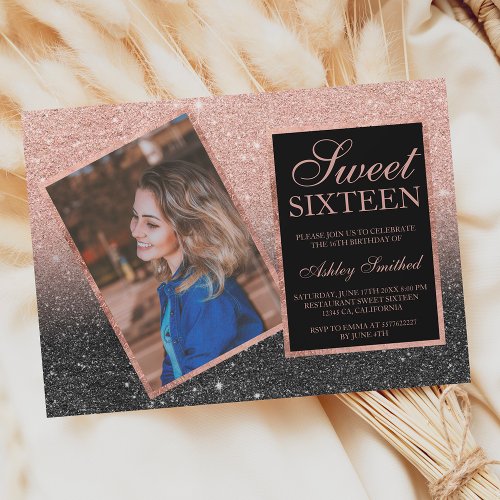 Rose gold frame black glitter ombre photo Sweet 16 Invitation