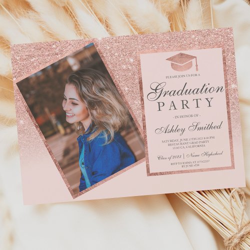 Rose gold frame blush ombre photo graduation invitation