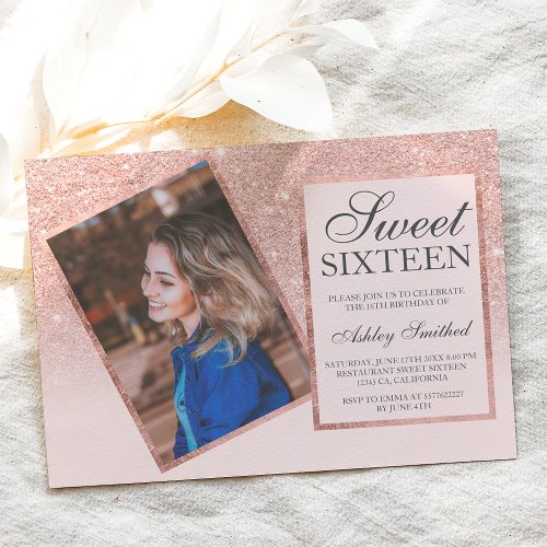 Rose gold frame blush ombre photo Sweet 16 Invitation