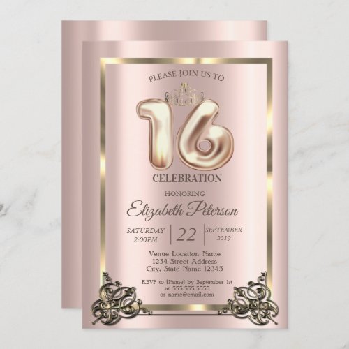 Rose Gold FrameBorderCrown Sweet 16 Party Invita Invitation