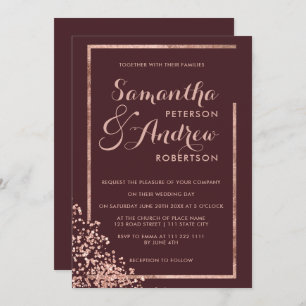 Rose gold frame burgundy confetti wedding invitation