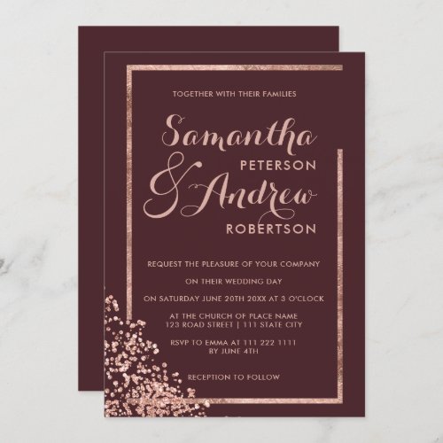 Rose gold frame burgundy confetti wedding invitation