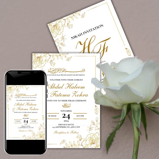 Rose Gold Frame Elegant White Paper Modern Nikah Invitation (Creator Uploaded)