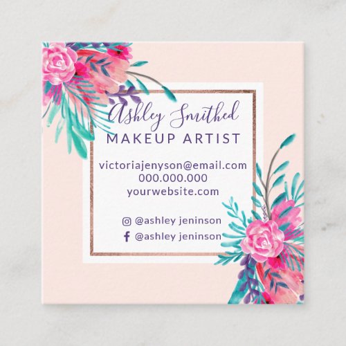 Rose Gold frame pink floral watercolor makeup Square Business Card