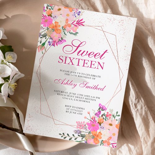 Rose gold frame pink floral watercolor Sweet 16 Invitation