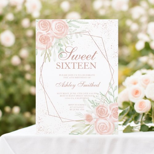 Rose gold frame pink floral watercolor Sweet 16 Invitation