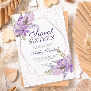 Rose gold frame purple floral watercolor Sweet 16 Invitation