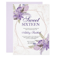 Rose gold frame purple floral watercolor Sweet 16 Invitation