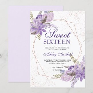 Rose gold frame purple floral watercolor Sweet 16 Invitation