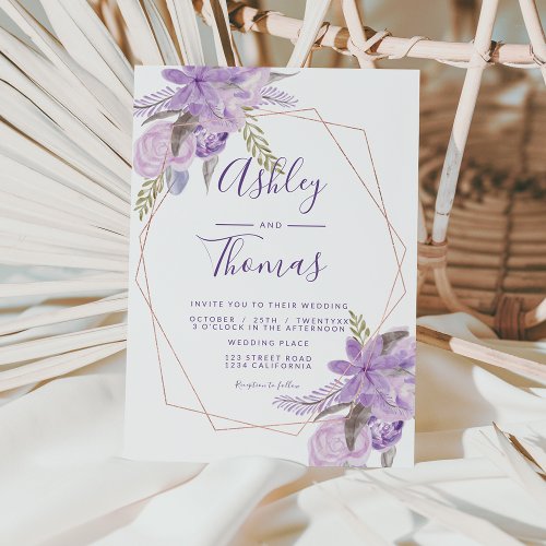 Rose gold frame purple floral watercolor wedding invitation