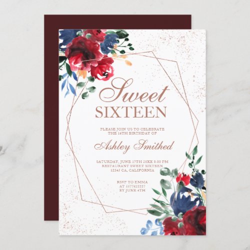 Rose gold frame red floral watercolor Sweet 16 Invitation