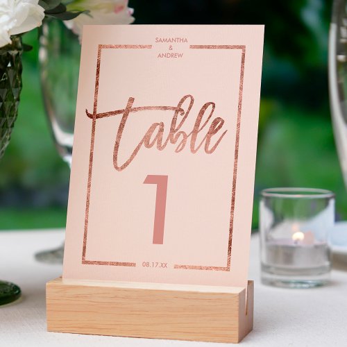 Rose gold frame script blush pink table number