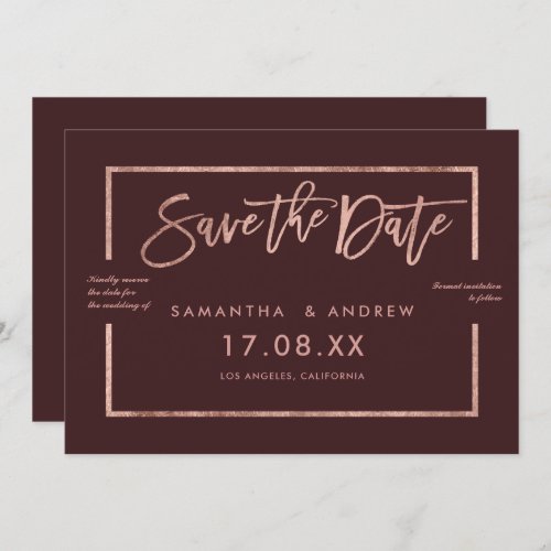 Rose gold frame script burgundy save the date