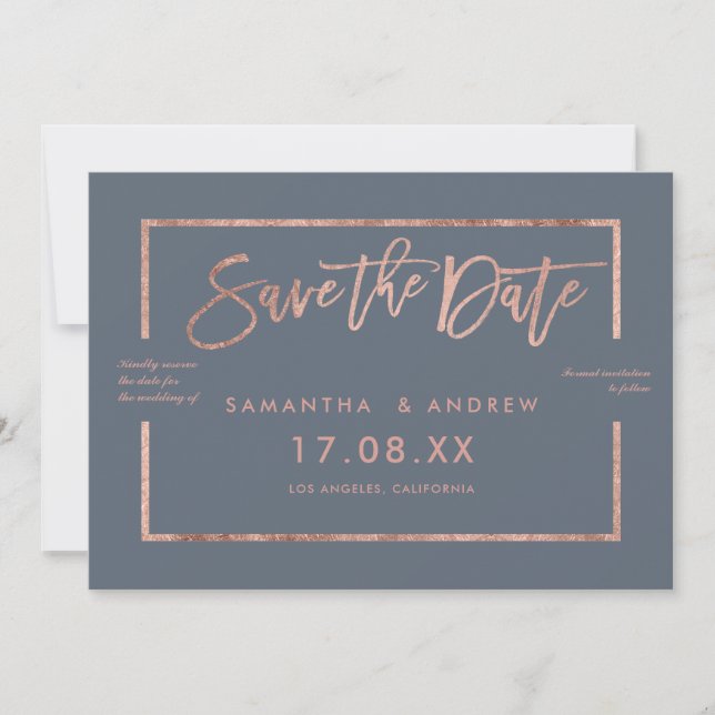 Rose gold frame script dusty blue save the date (Front)