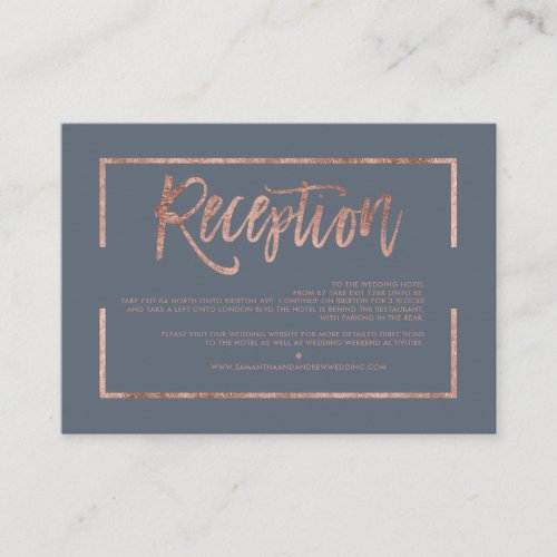 Rose gold frame script dusty blue simple reception enclosure card