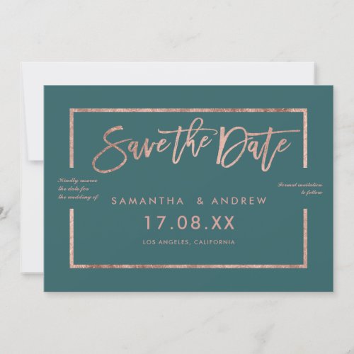 Rose gold frame script green teal save the date