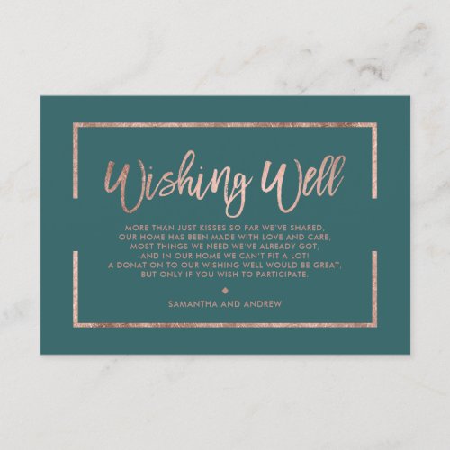 Rose gold frame script green teal wishing well enclosure card